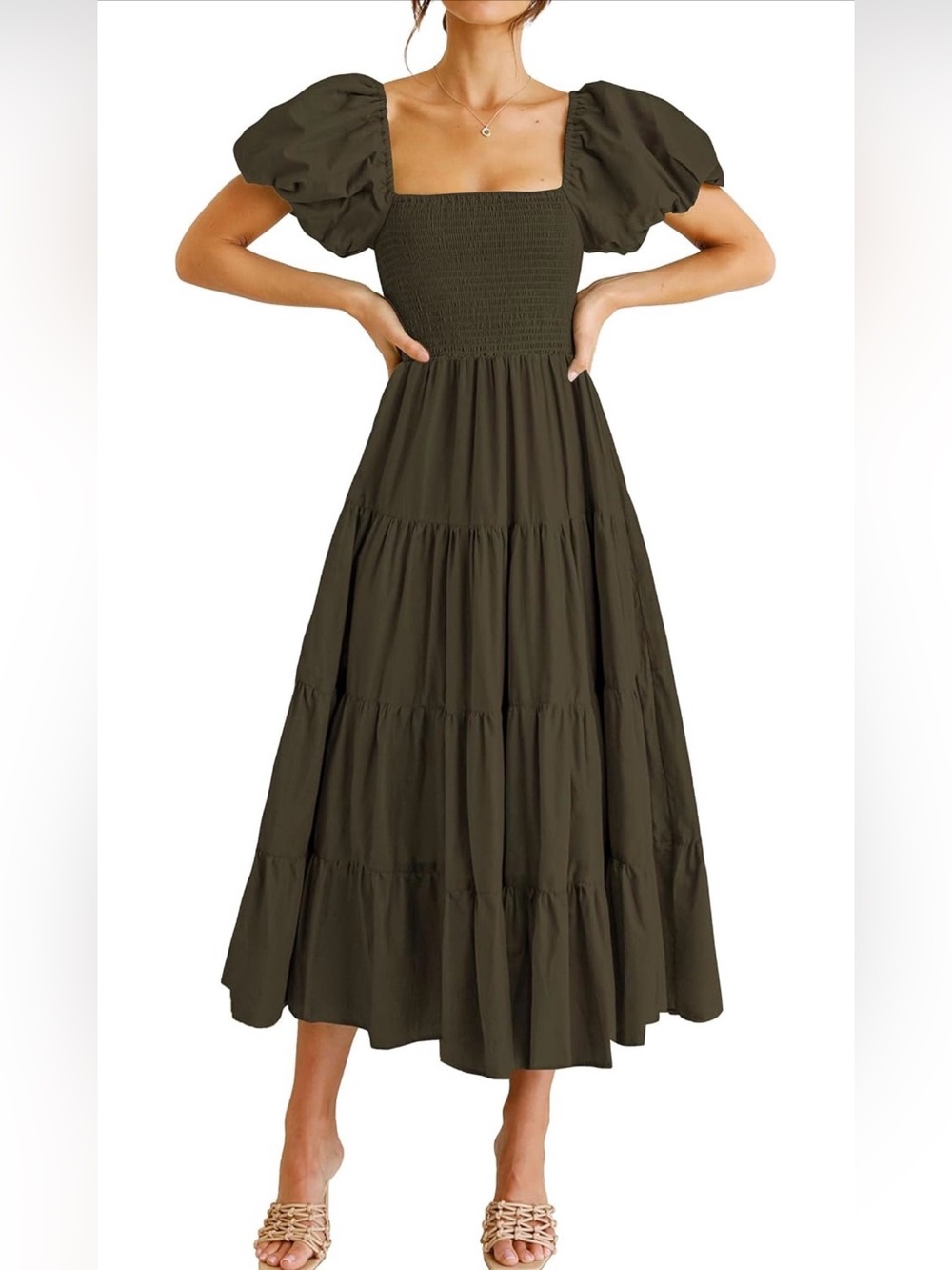 Women’s Puff Sleeve Smocked Maxi Dress - Olive